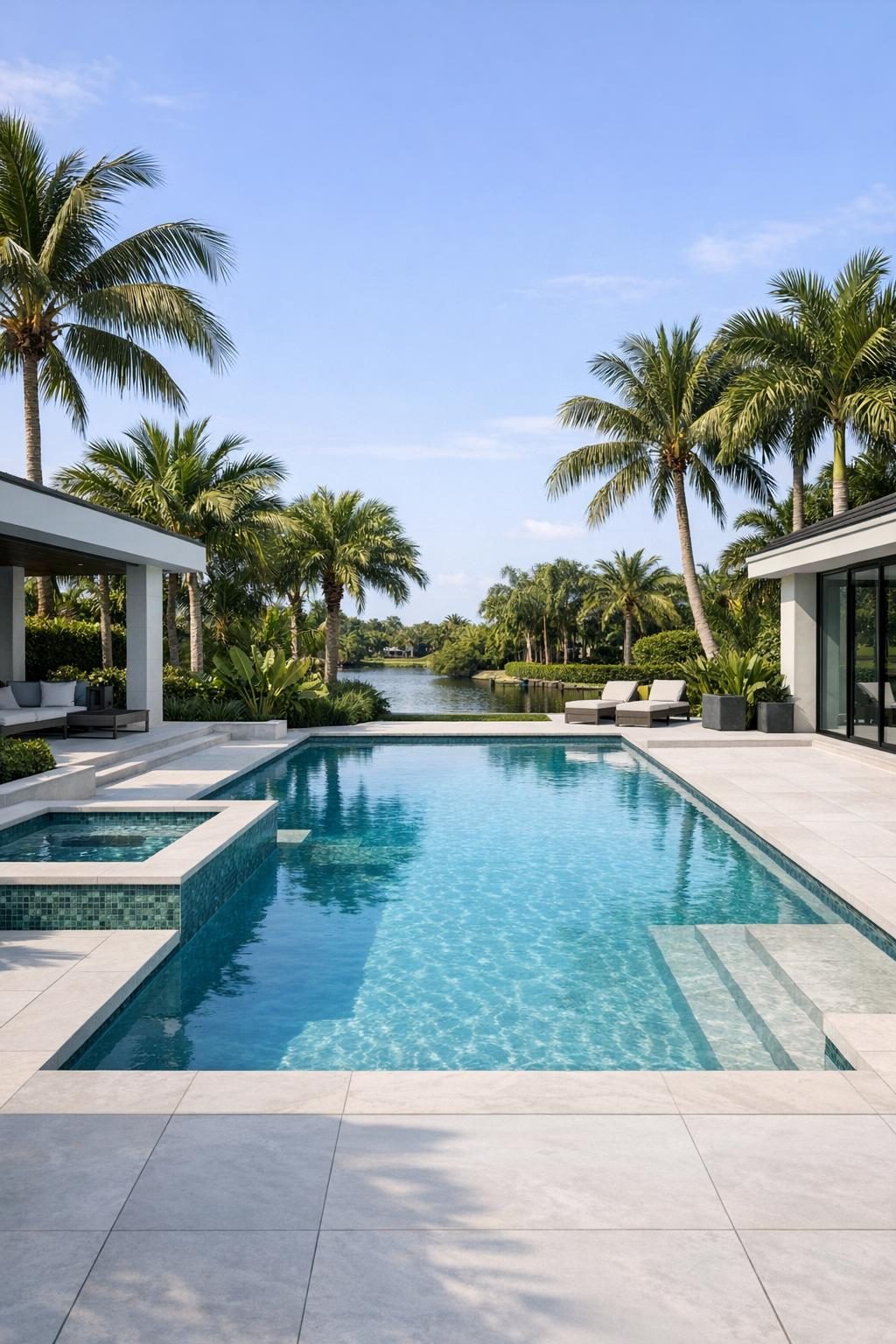 a completed pool with palm trees